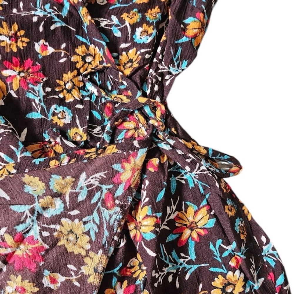 Band of the Free Brown Marigold Floral Print Mini Wrap Dress Smocked Ruffle XS - Picture 10 of 16
